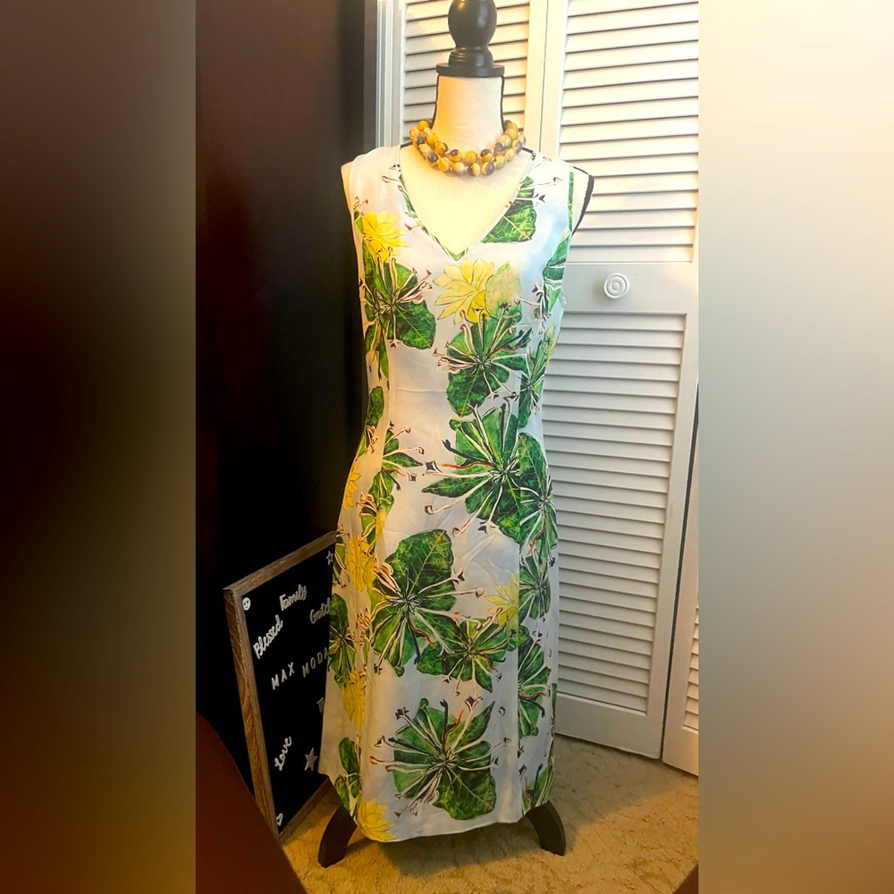 Ala Von Auersperg Floral Green and Yellow Sleeveless Dress. Silk. Size Small